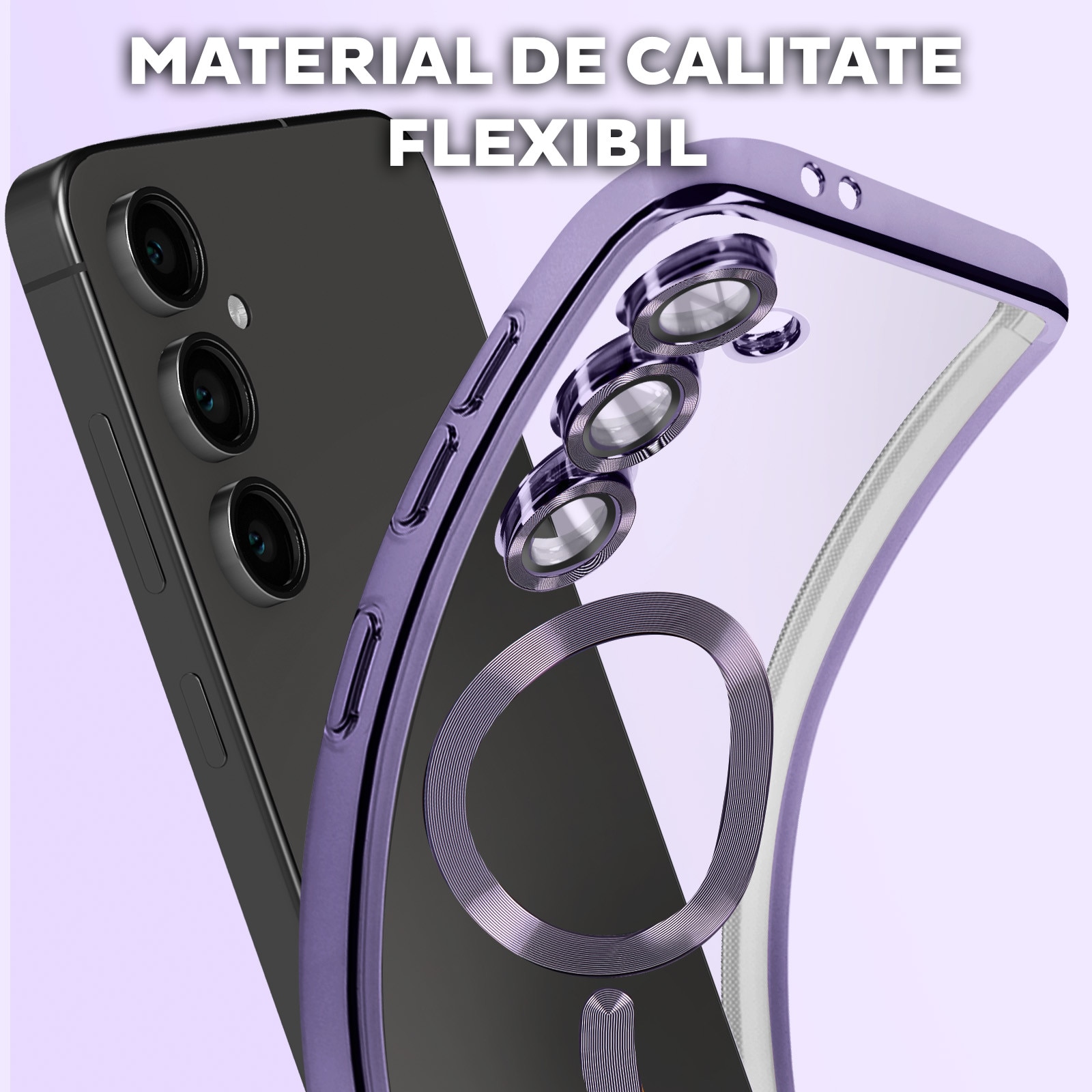 Husa pentru Samsung Galaxy A26 DaDen® MagSafe Luxury cu protectie camera, Incarcare wireless, Ultra Protectie, Transparent cu margini mov