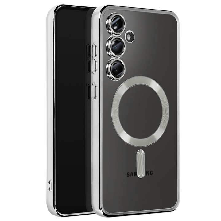 Калъф за Samsung Galaxy A55 DaDen® MagSafe Luxury съвместим със защита на камерата, Ultra Protection, Прозрачен със сребристи ръбове