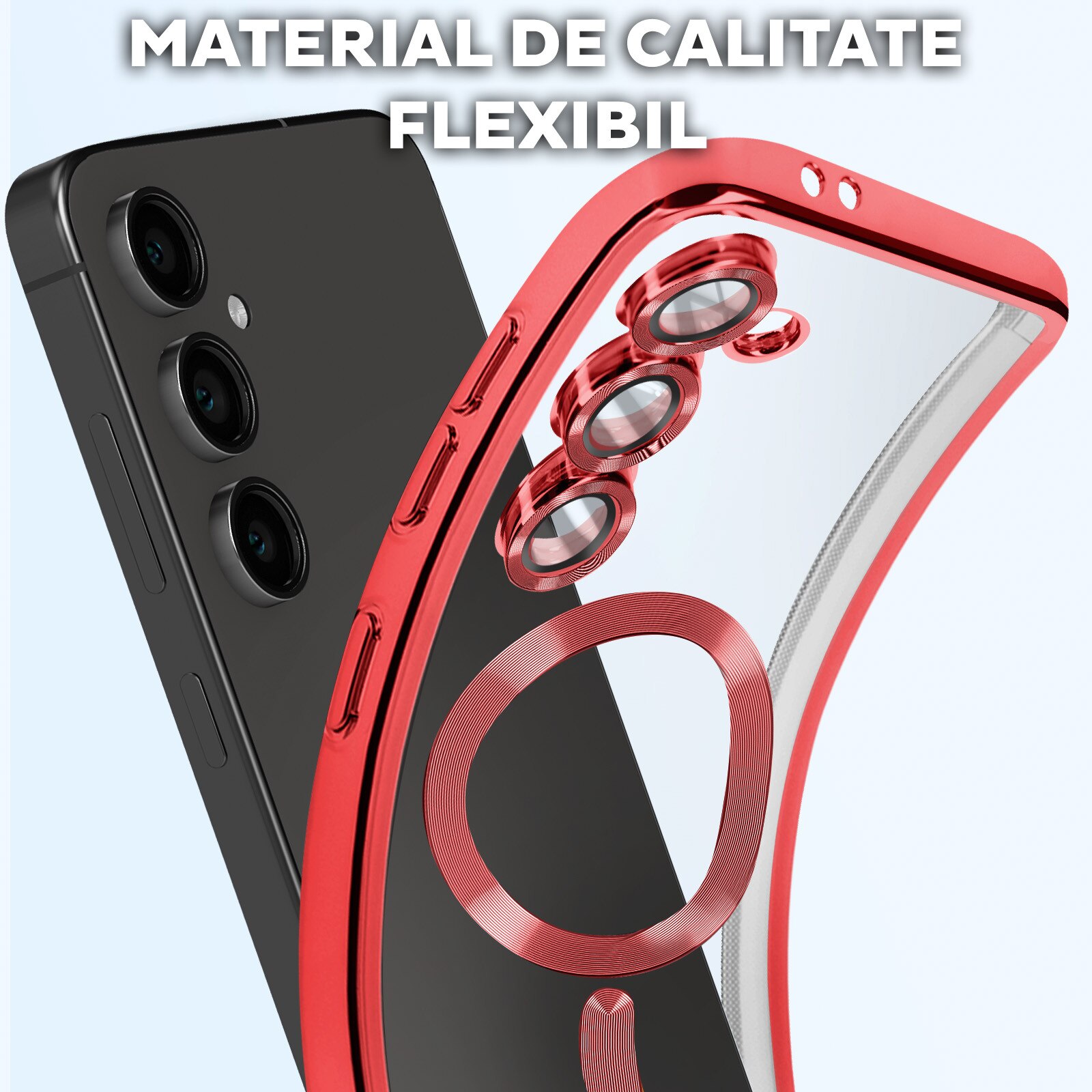 Husa pentru Samsung Galaxy A16 DaDen® MagSafe Luxury compatibil cu protectie camera, Ultra Protectie, Transparent cu margini rosii