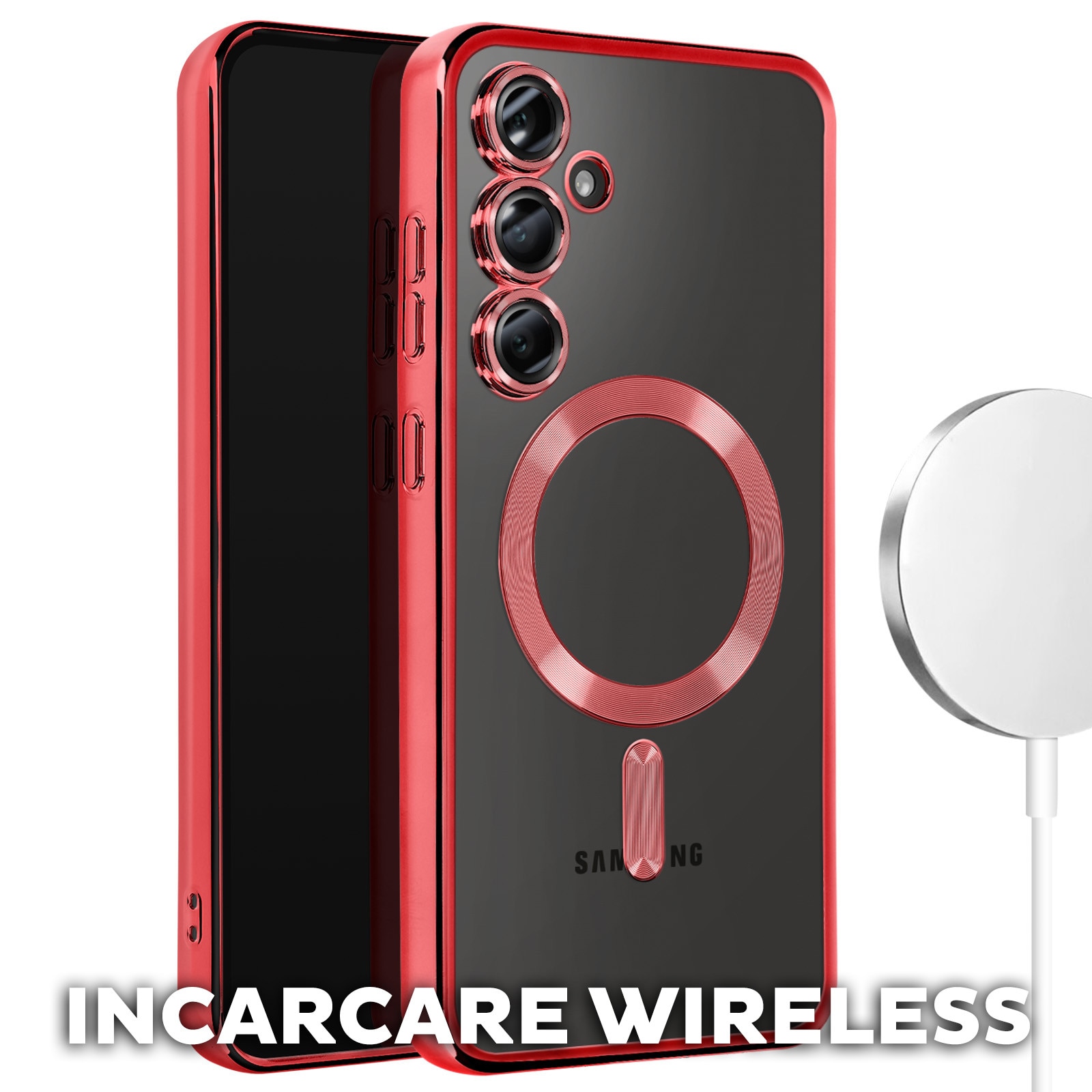 Husa pentru Samsung Galaxy A16 DaDen® MagSafe Luxury compatibil cu protectie camera, Ultra Protectie, Transparent cu margini rosii