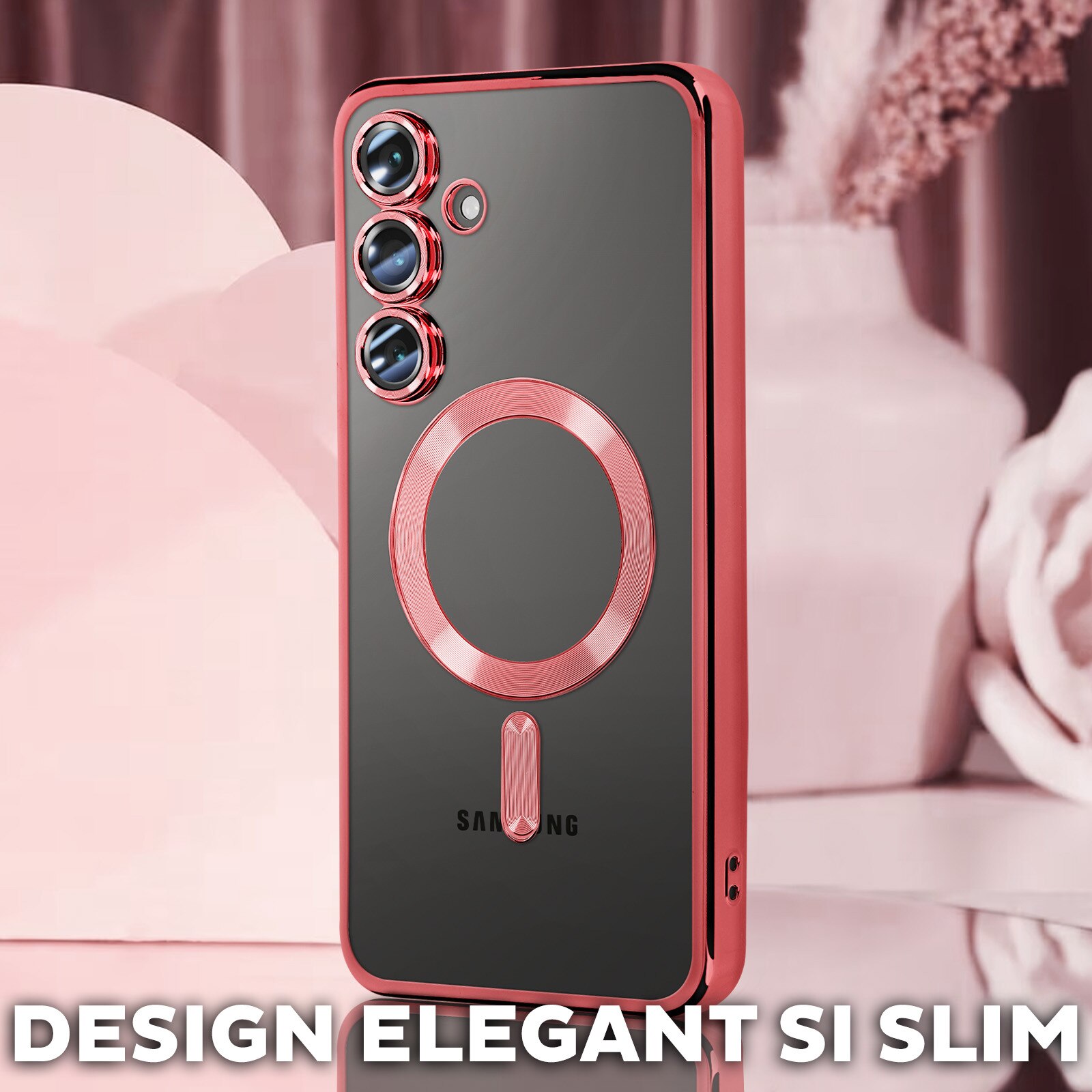 Husa pentru Samsung Galaxy A16 DaDen® MagSafe Luxury compatibil cu protectie camera, Ultra Protectie, Transparent cu margini rosii