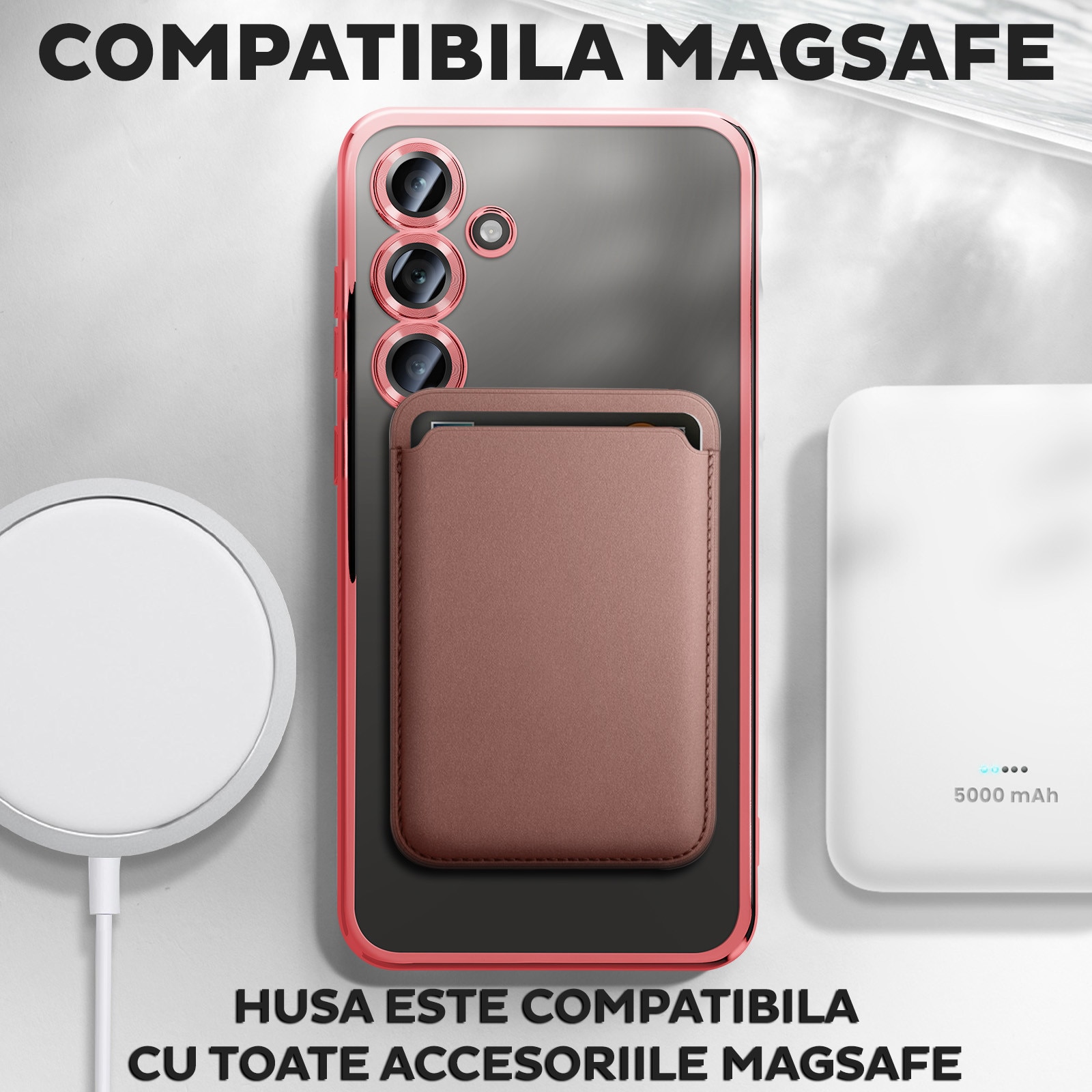 Husa pentru Samsung Galaxy A16 DaDen® MagSafe Luxury compatibil cu protectie camera, Ultra Protectie, Transparent cu margini rosii
