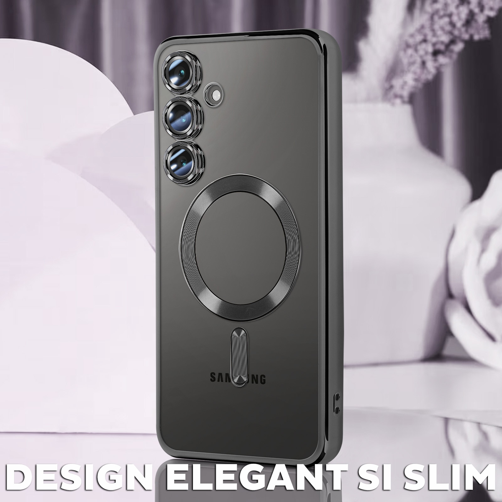 Husa pentru Samsung Galaxy A55 DaDen® MagSafe Luxury compatibil cu protectie camera, Ultra Protectie, Transparent cu margini negre