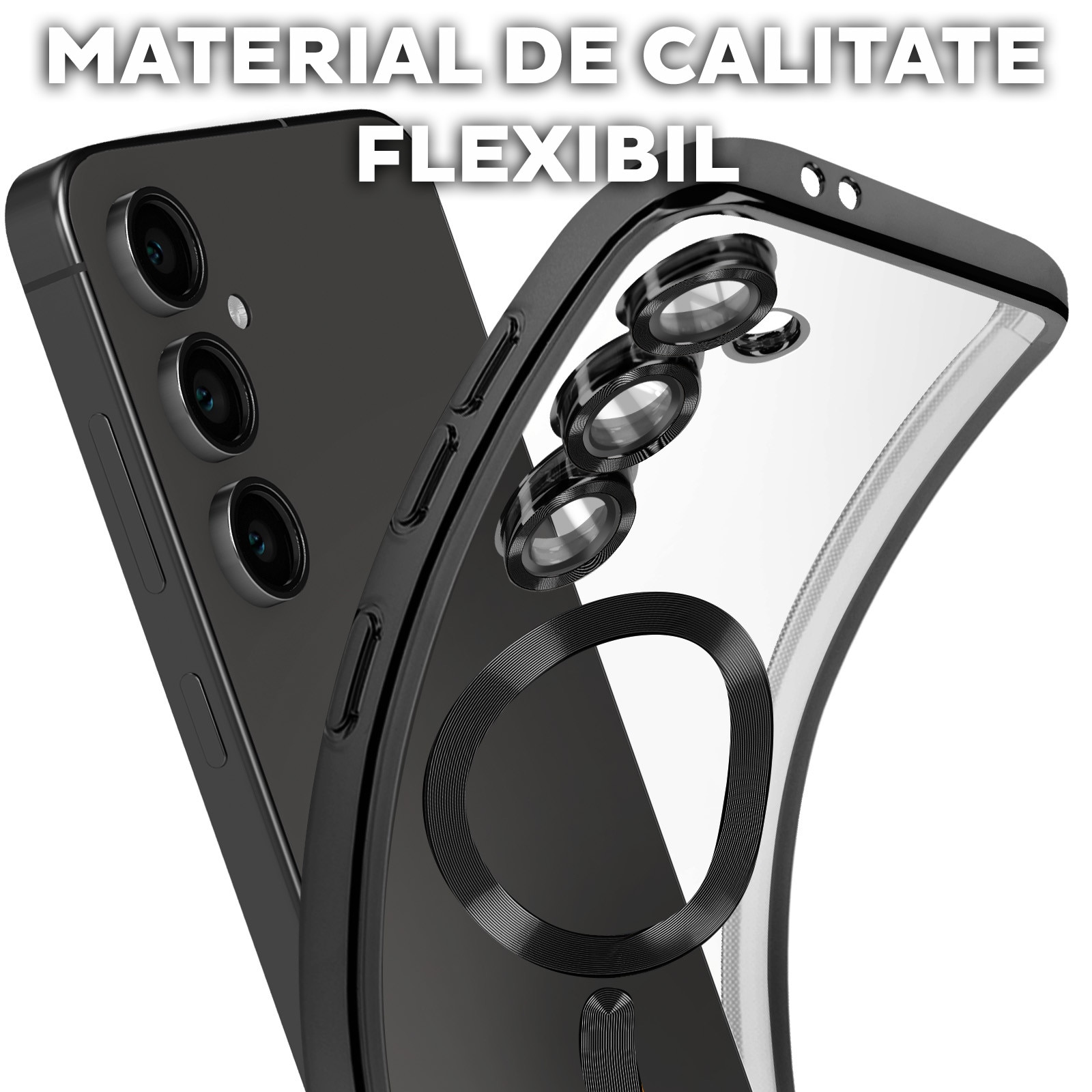 Husa pentru Samsung Galaxy A55 DaDen® MagSafe Luxury compatibil cu protectie camera, Ultra Protectie, Transparent cu margini negre