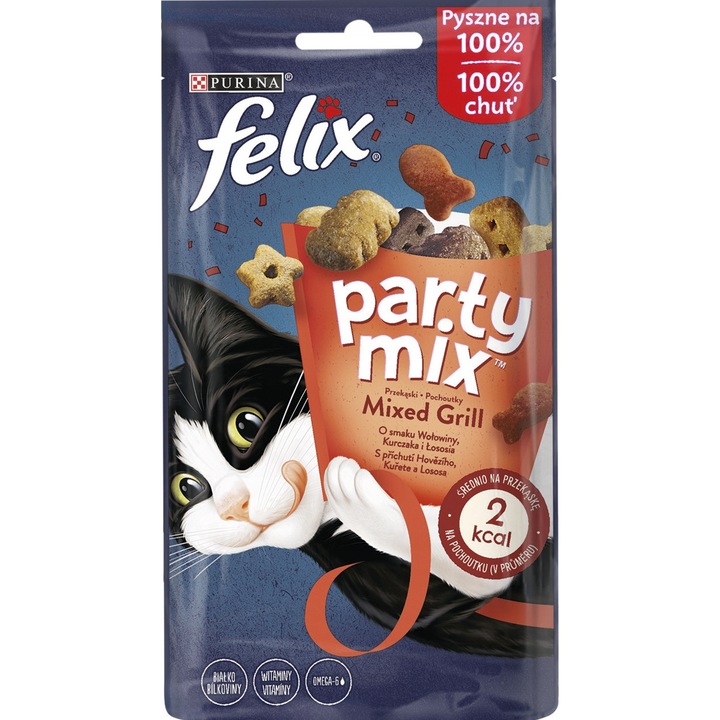 Jutalomfalat macskáknak, Purina, Felix Party Mix Vegyes Grill, Marha / Csirke / Lazac ízű, 60 g