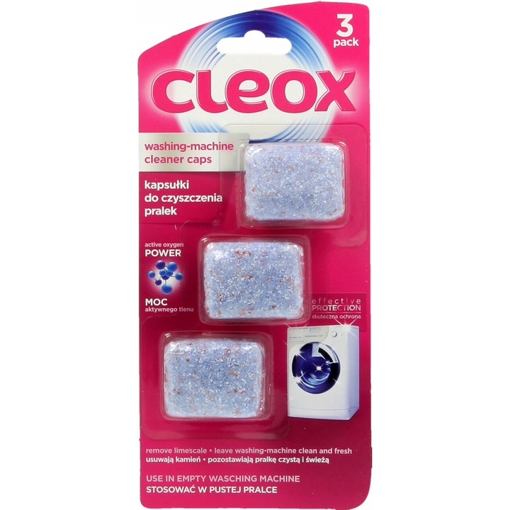 Таблетки за почистване на перални машини CLEOX, 3 x 20 г, елиминират неприятните миризми, предотвратяват образуването на котлен камък