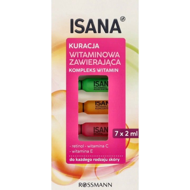 Set tratamente pentru fata cu vitamine, Isana, 7x2 ml, retinol, vitamina C, vitamina E