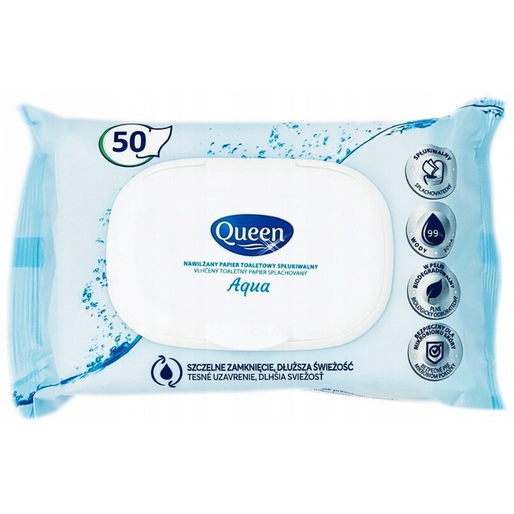Мокра тоалетна хартия Queen Aqua, без аромат, 50 броя, рециклируема