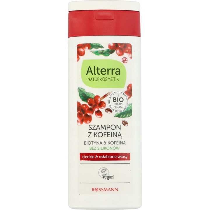 Sampon de par, Alterra, cu cofeina, 200 ml, pentru par slabit, cu provitamina B5 si biotina