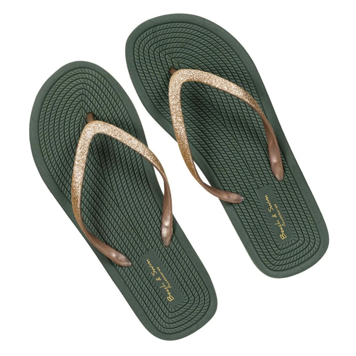 Papuci de plajă femei, verzi, curea glitter auriu, multicolor, One Size INTL