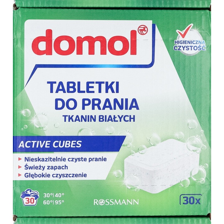 Mosószer, Domol, tabletta fehér ruhákhoz, 30 db, vegán formula, könnyen használható