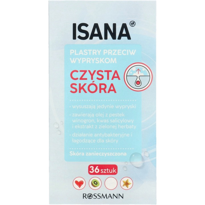 Plasturi anti-acnee Isana Czysta Skora, 36 bucati, cu ulei din seminte de struguri si extract de ceai verde, transparent