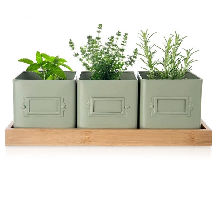 Set 3 Oslonci pentru Ierburi, Artemis, Metal, Verde, 11x11x11cm, 37x13,5x12cm