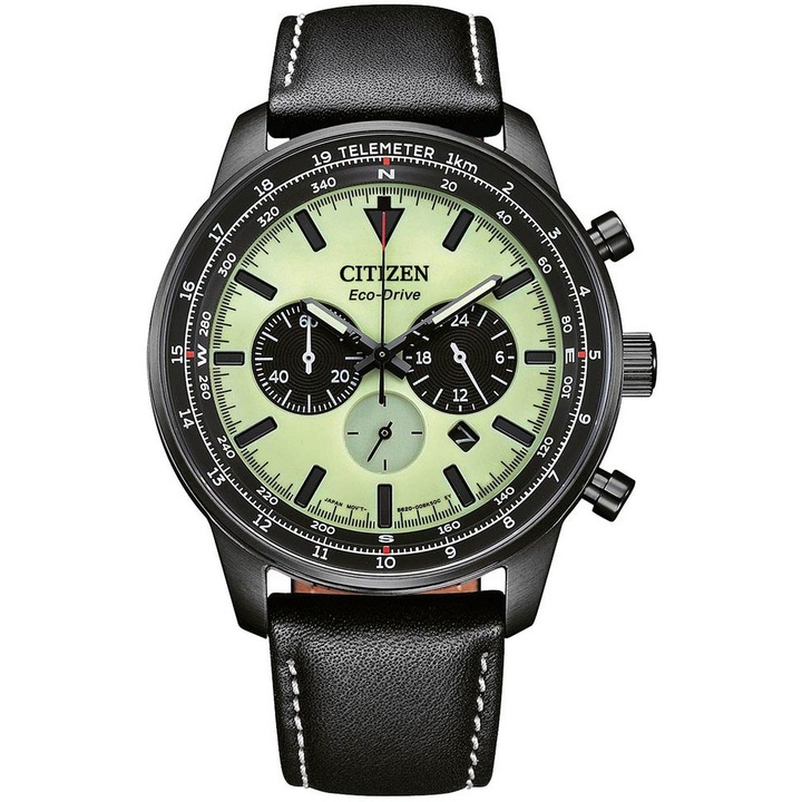 Ceas barbati Citizen Sports Aviation Chronograph, Eco-Drive, negru, curea din piele, 10 ATM