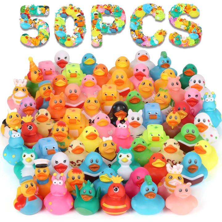 50 db-os csomag gyerekeknek fürdőjátékok, gumikacsa és dzsipkacsa, véletlenszerű gumikacsák gyerekeknek, gyermekfürdő-kiegészítők, születésnapi és nyári medencés parti ajándékok fiúknak és lányoknak