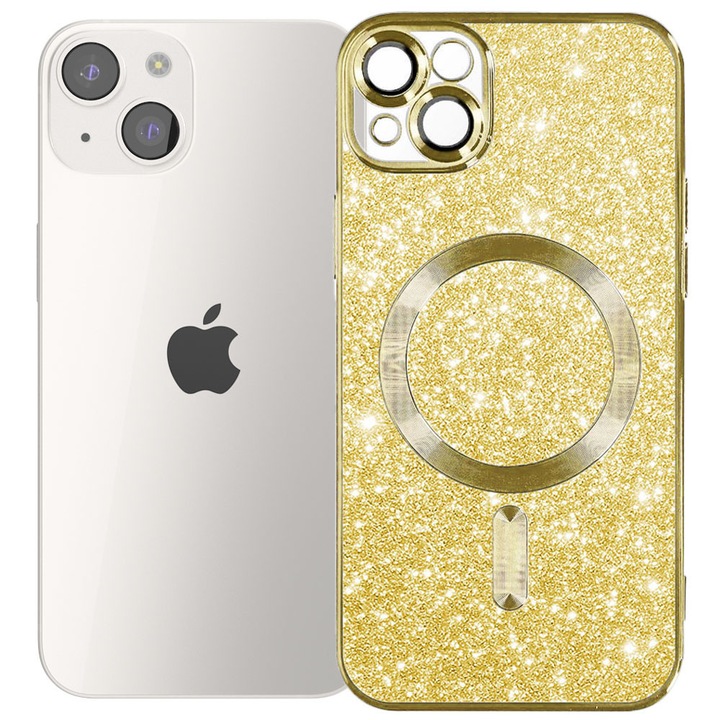 Husa tip MagSafe pentru Apple iPhone 14 Plus, Glitter MagCase, Sclipici integrat, Protectie lentile camere, Rama electroplacata, Accente metalizate, Margini ridicate, Incarcare wireless, Magnetica, Auriu