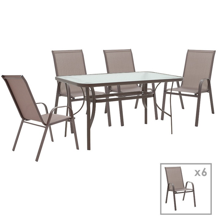 Set de gradina masa si scaune 7 bucati Elio Silvio metal-sticla maro 140x80x70cm