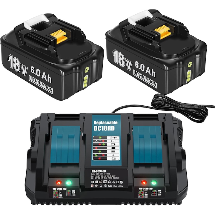 Set 2 acumulatori 6000mAh cu incarcator, Bedee, compatibil cu Makita, protectie supratensiune, LED display
