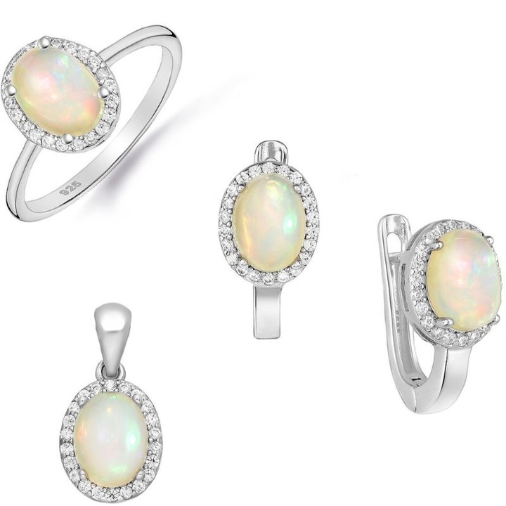 Set argint cu opal etiopian si cubic zirconia - cercei, pandantiv, inel