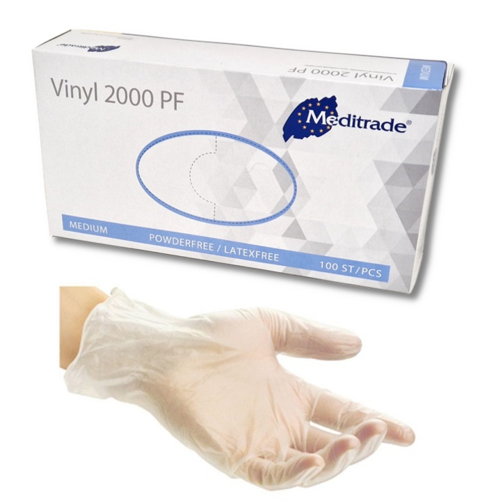 Manusi de vinil, Meditrade, fara pudra, transparente, set 100 buc, M