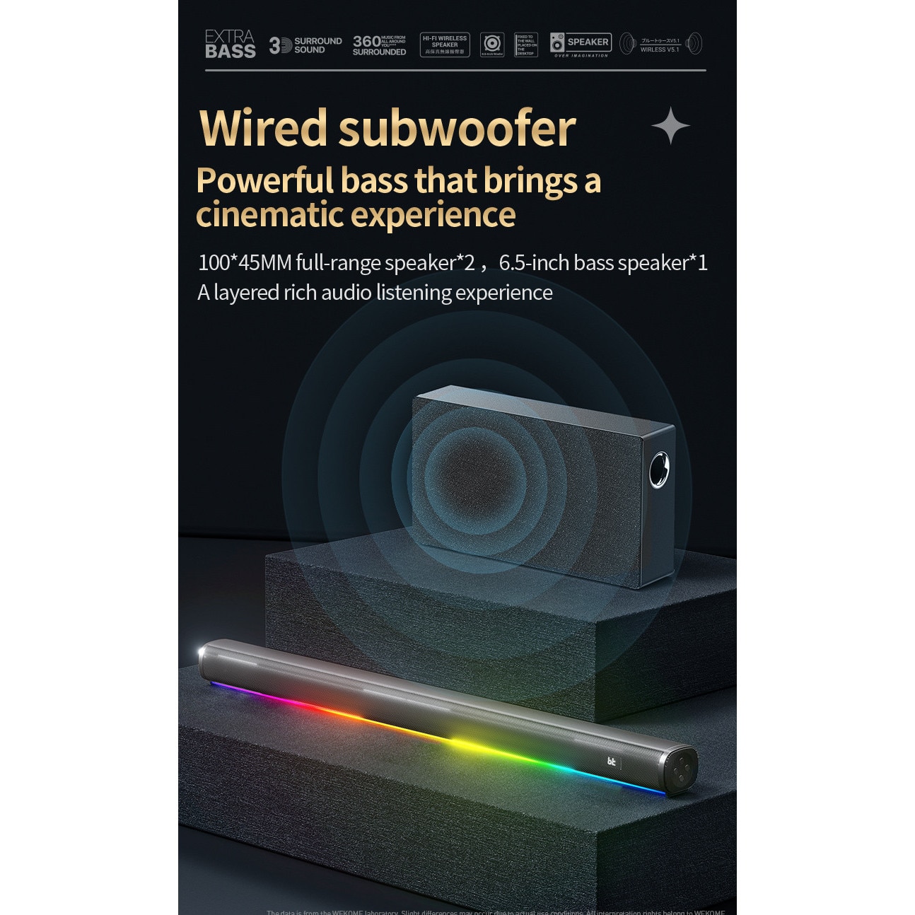 Soundbar, Subwoofer, Bluetooth 5.0, efecte de iluminare RGB, USB/AUX/HDMI, sunet stereo 360°, cu telecomanda, potrivit pentru diverse televizoare si proiectoare, potrivit pentru home theater, negru