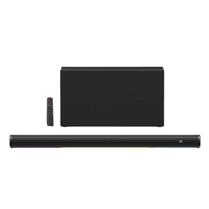 Soundbar, Subwoofer, Bluetooth 5.0, RGB светлинни ефекти, USB/AUX/HDMI, 360° стерео звук, с дистанционно управление, подходящ за различни телевизори и проектори, подходящ за домашно кино, черен