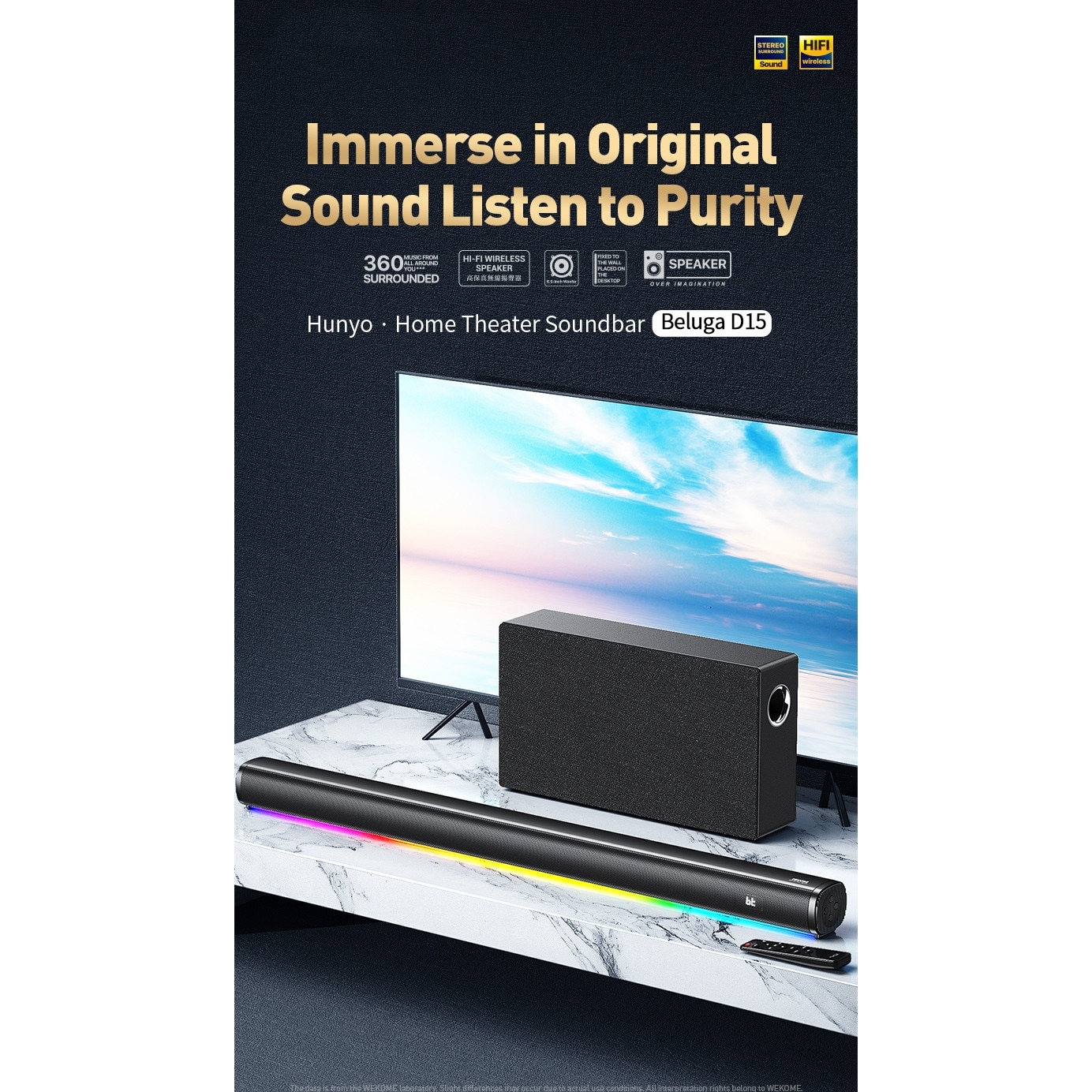 Soundbar, Subwoofer, Bluetooth 5.0, efecte de iluminare RGB, USB/AUX/HDMI, sunet stereo 360°, cu telecomanda, potrivit pentru diverse televizoare si proiectoare, potrivit pentru home theater, negru