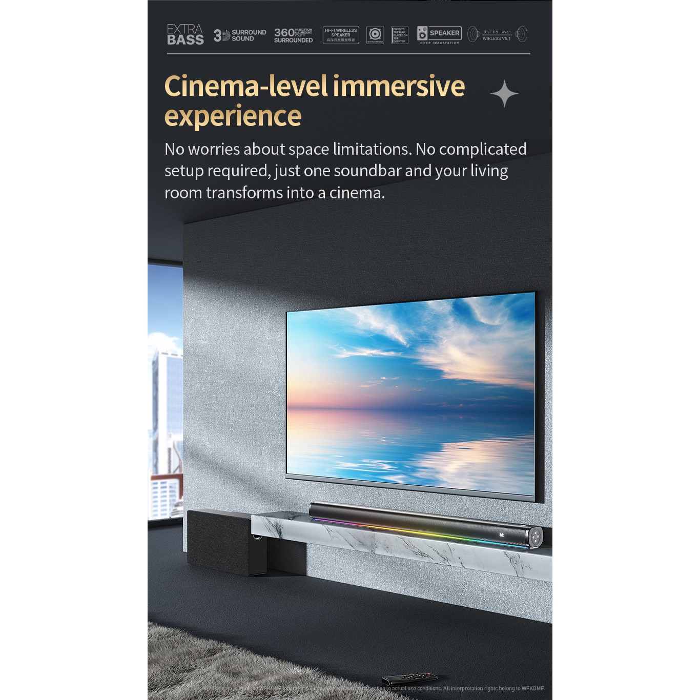 Soundbar, Subwoofer, Bluetooth 5.0, efecte de iluminare RGB, USB/AUX/HDMI, sunet stereo 360°, cu telecomanda, potrivit pentru diverse televizoare si proiectoare, potrivit pentru home theater, negru