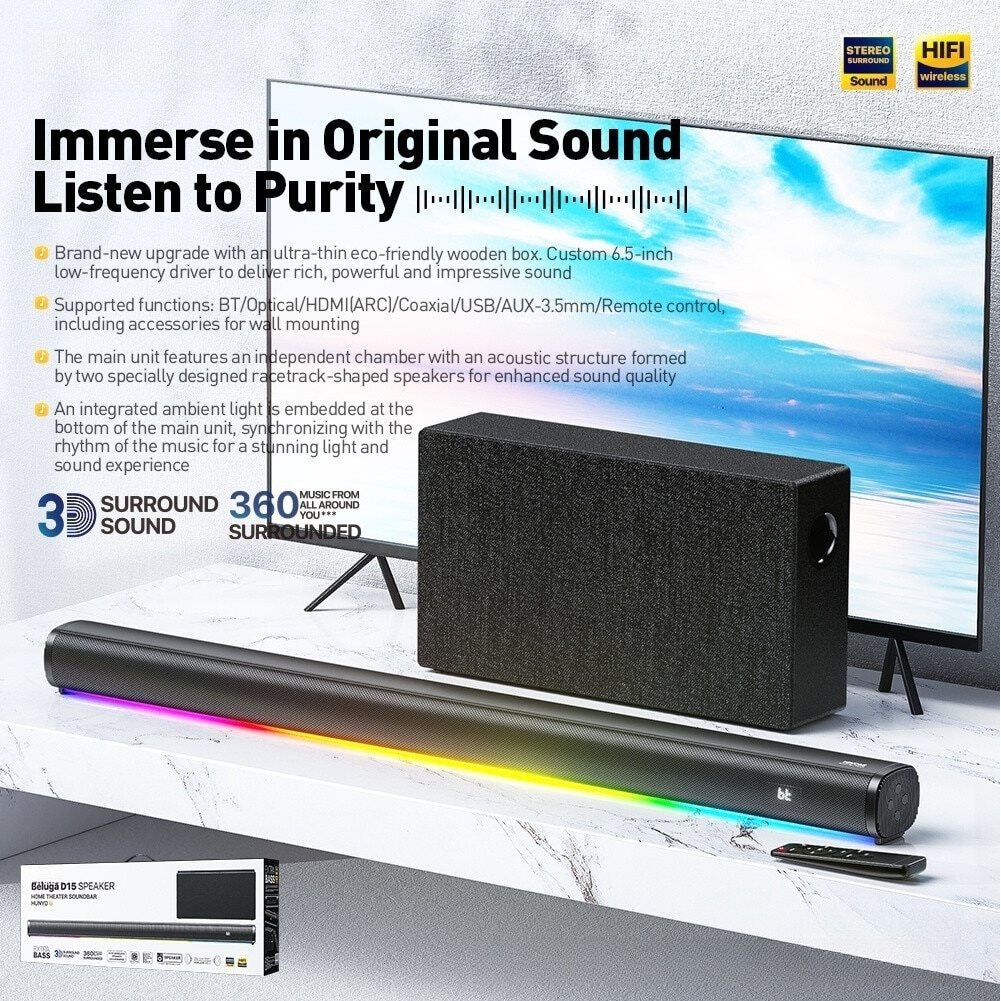 Soundbar, Subwoofer, Bluetooth 5.0, efecte de iluminare RGB, USB/AUX/HDMI, sunet stereo 360°, cu telecomanda, potrivit pentru diverse televizoare si proiectoare, potrivit pentru home theater, negru
