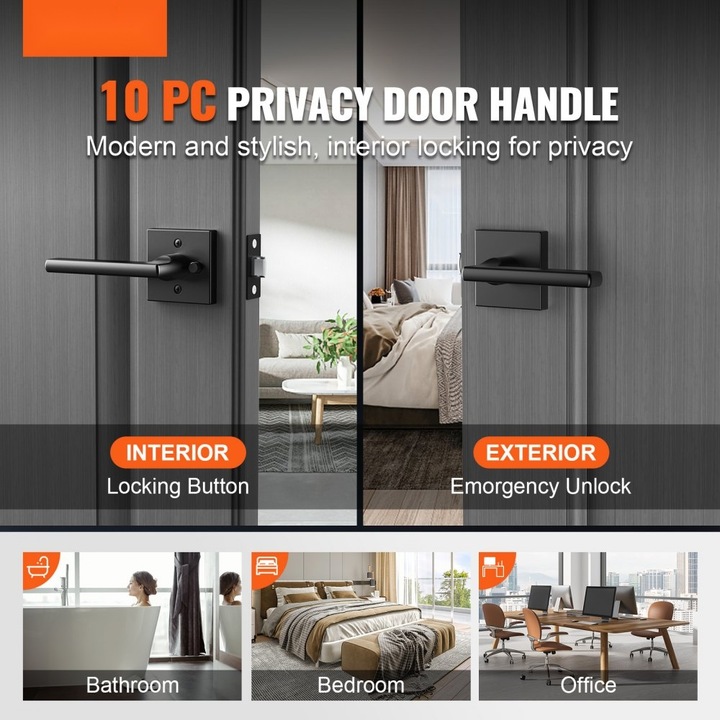 Maner usa de confidentialitate, Set 10 buc, Parghie patrata, Finisaj negru mat, Reversibil, Potrivit pentru interior