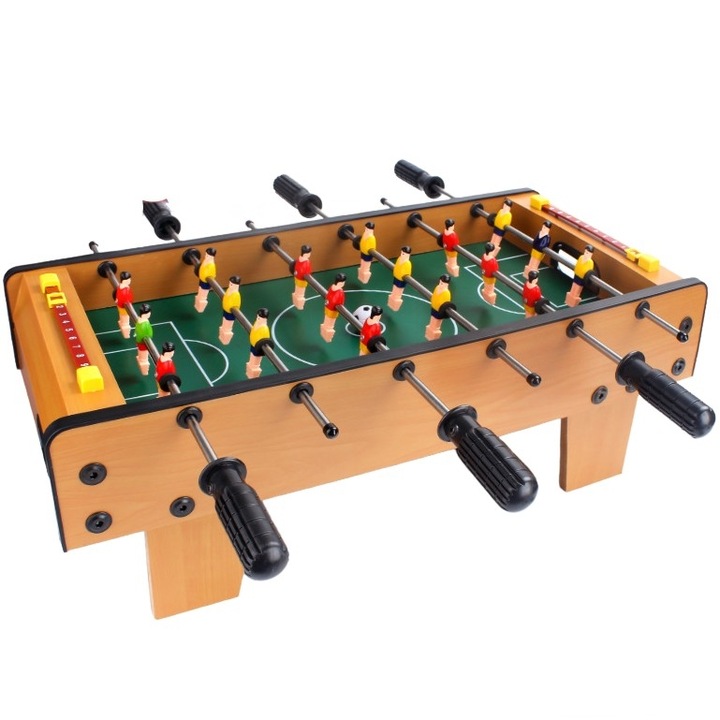 Masa de fotbal cu teren si 18 jucatori, 6 manere, cu tablou pentru scor, din metal, lemn si ABS, 50 x 25 x 18 cm, cu picioare