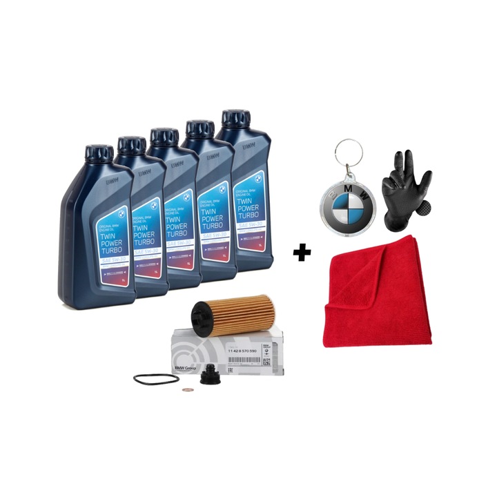 Pachet Revizie, 5 Buc, Ulei motor Bmw Twin Power Turbo 5W-30 1L, Filtru Ulei Bmw, 83212465849, 11428570590, Laveta din Microfibra, Profesionala, 30x30 cm, 1 pereche manusi