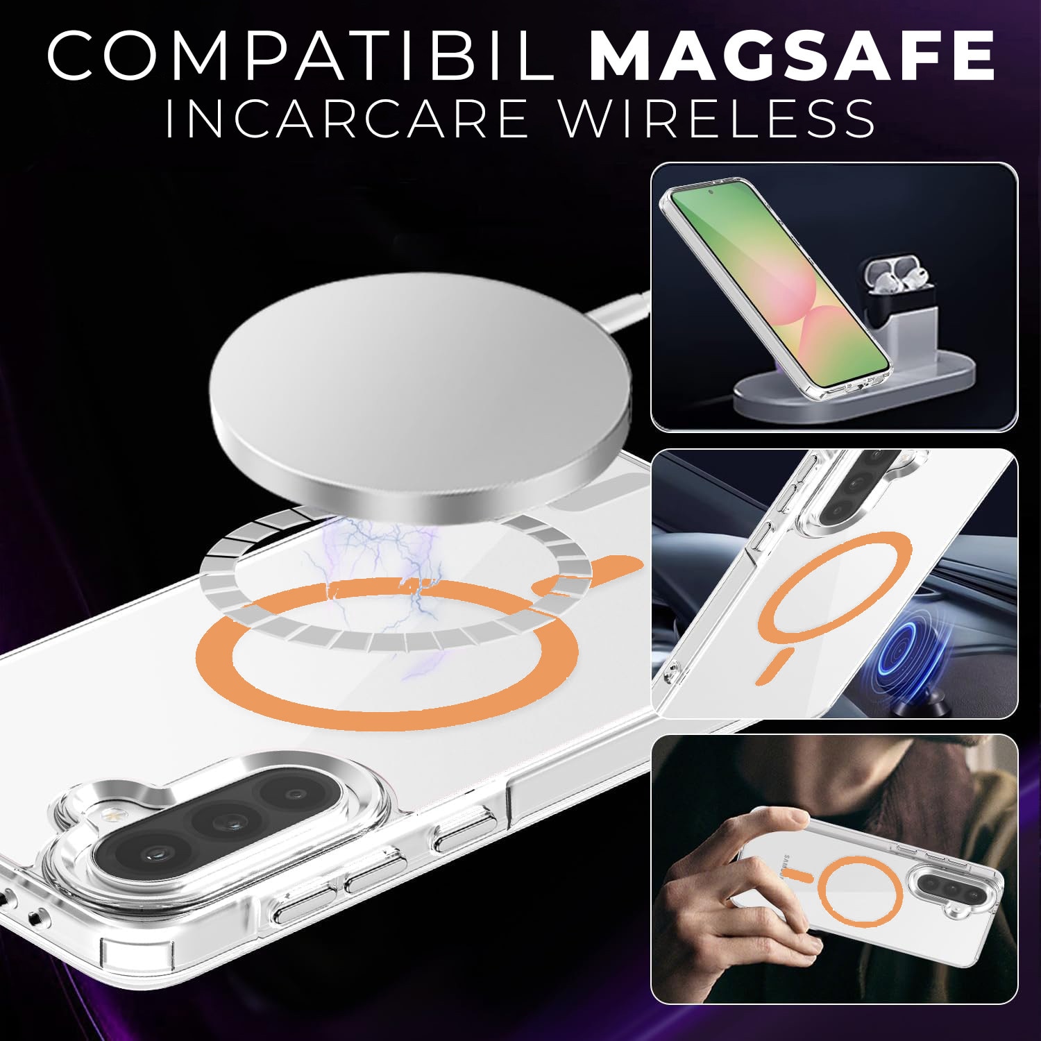 Husa pentru Samsung Galaxy A56 Daden® Drop Glue, Colorful Ring MagCover, Clear Case, MagSafe, Atasare Magnetica, Antisoc, Transparent cu magsafe portocaliu