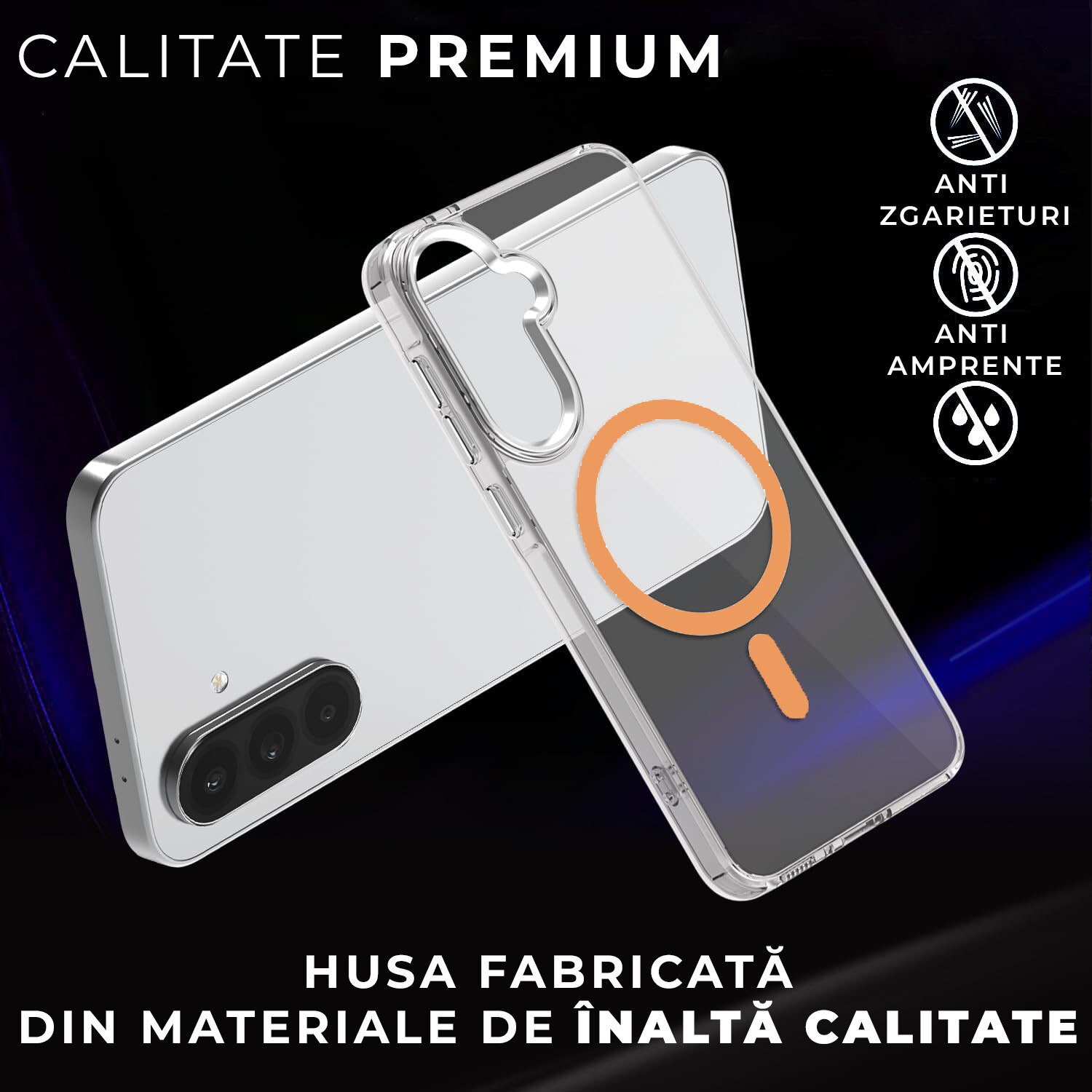 Husa pentru Samsung Galaxy A56 Daden® Drop Glue, Colorful Ring MagCover, Clear Case, MagSafe, Atasare Magnetica, Antisoc, Transparent cu magsafe portocaliu