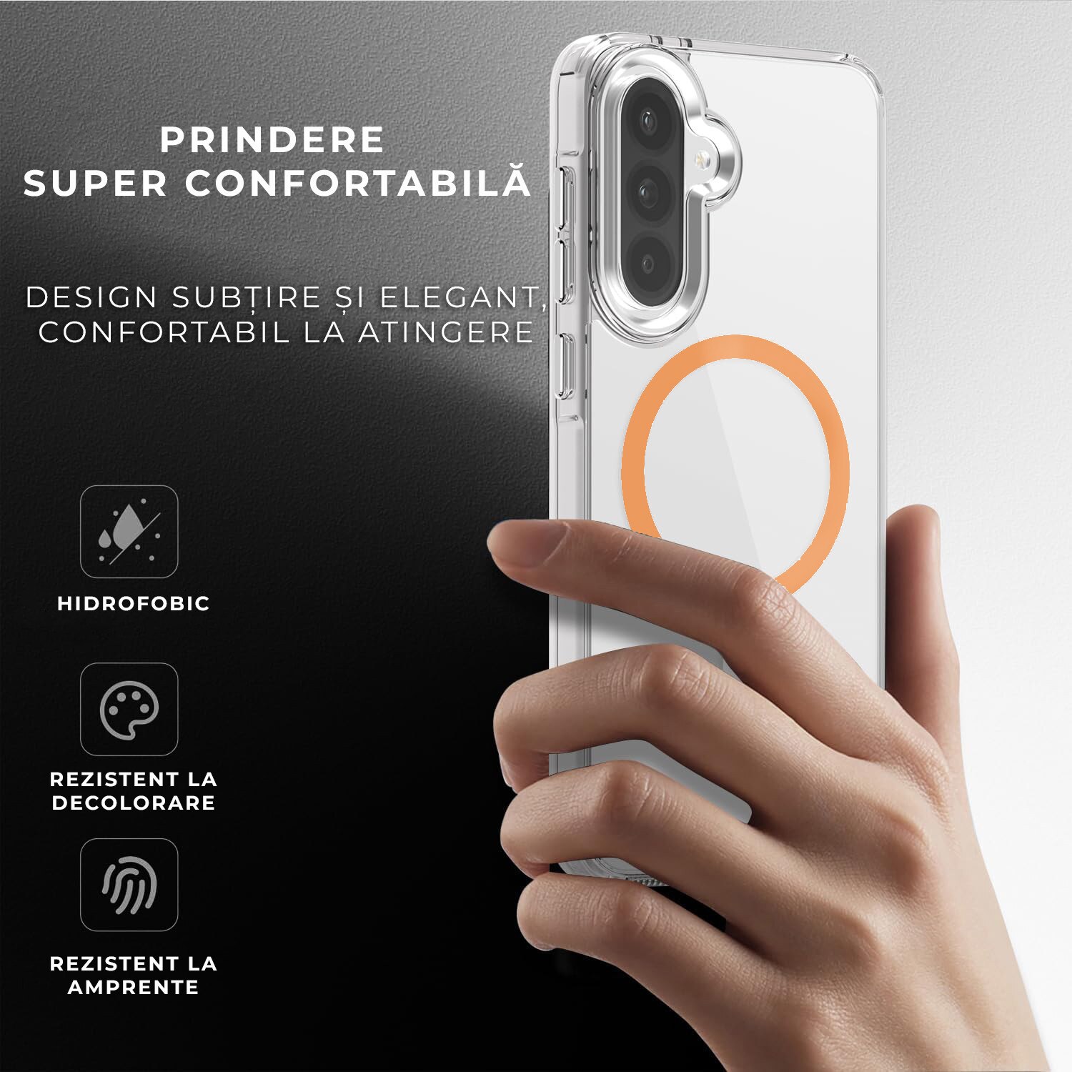 Husa pentru Samsung Galaxy A56 Daden® Drop Glue, Colorful Ring MagCover, Clear Case, MagSafe, Atasare Magnetica, Antisoc, Transparent cu magsafe portocaliu