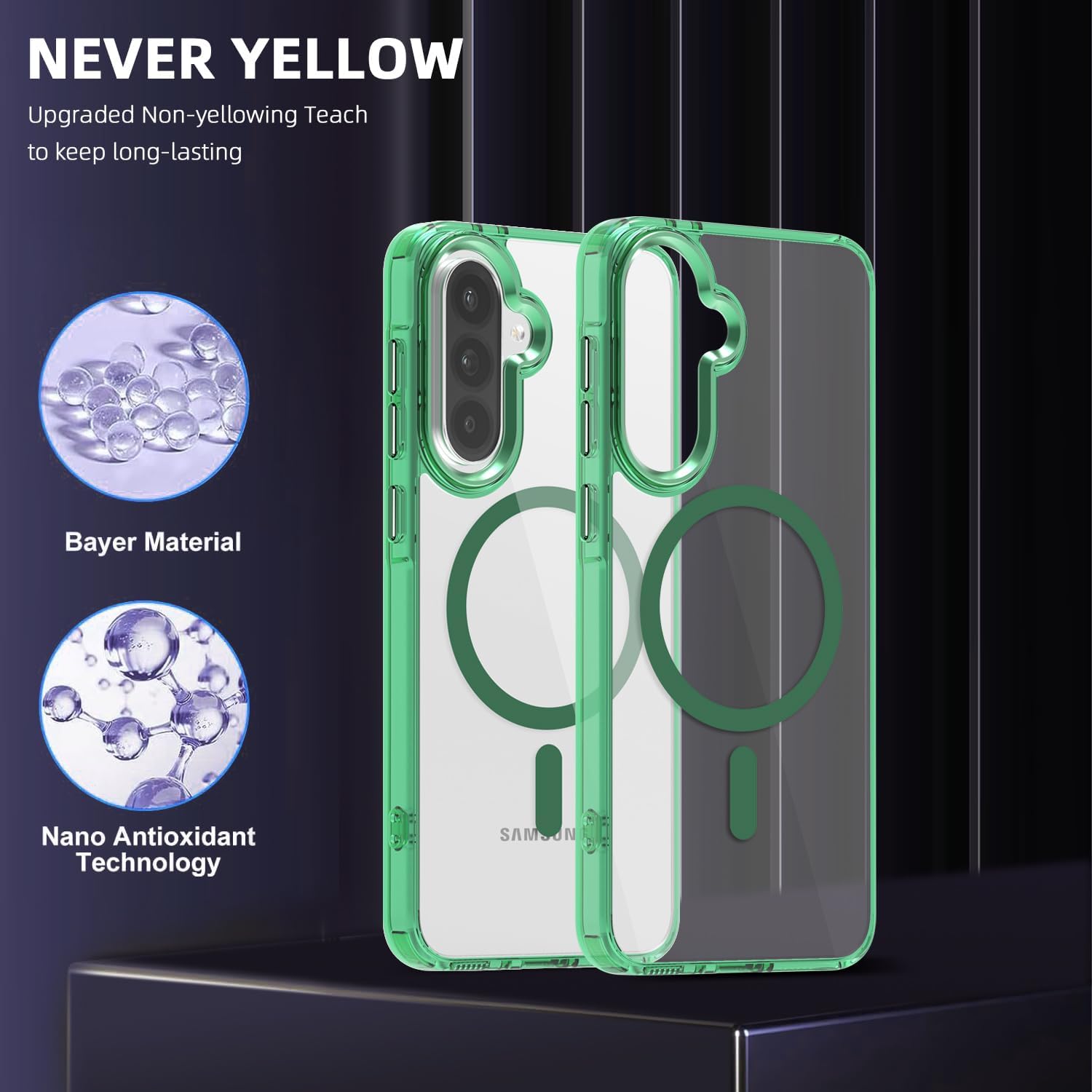 Husa pentru Samsung Galaxy A56 Daden® Drop Glue, Colorful Ring MagCover, Clear Case, MagSafe, Atasare Magnetica, Antisoc, Transparent cu magsafe verde
