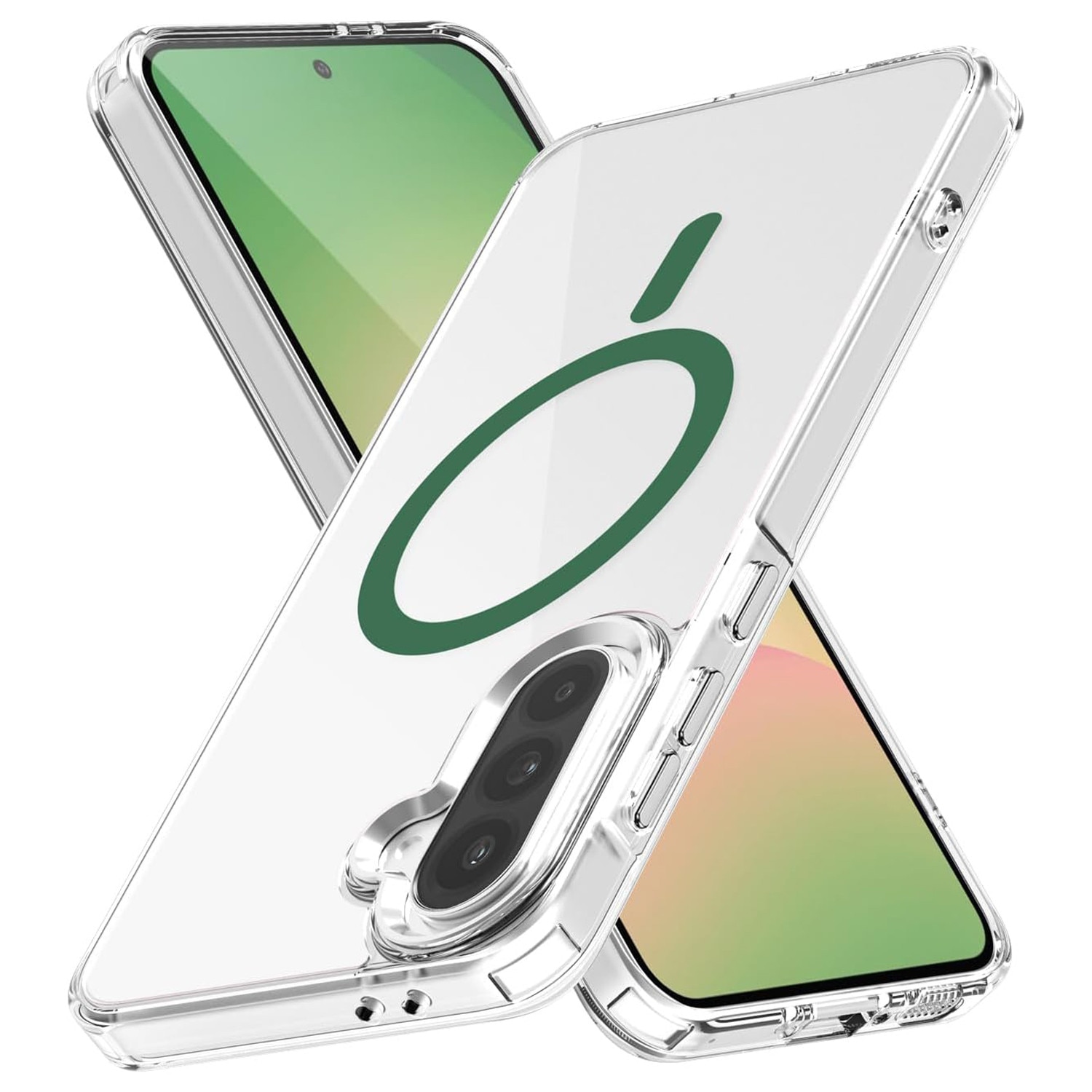 Husa pentru Samsung Galaxy A56 Daden® Drop Glue, Colorful Ring MagCover, Clear Case, MagSafe, Atasare Magnetica, Antisoc, Transparent cu magsafe verde