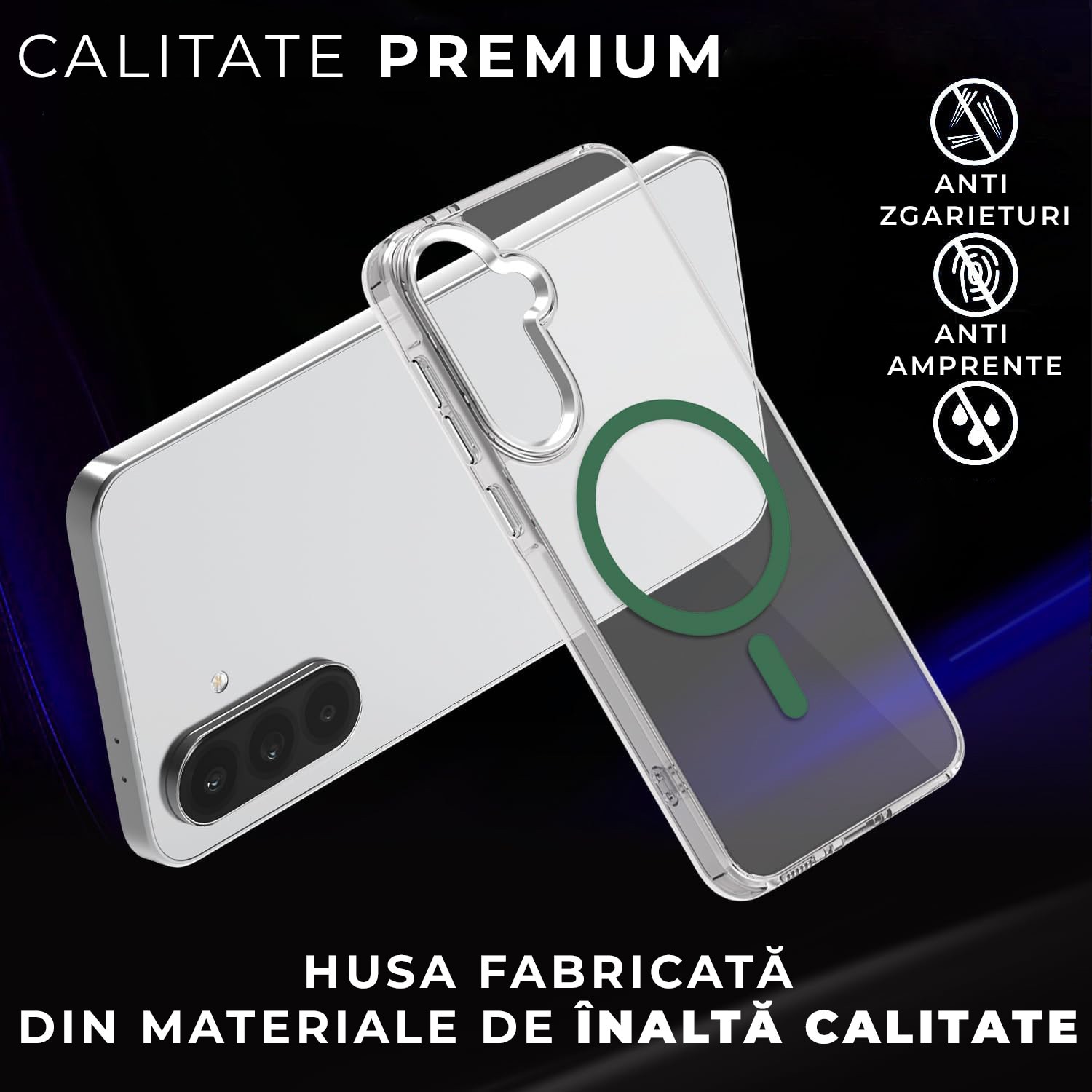 Husa pentru Samsung Galaxy A56 Daden® Drop Glue, Colorful Ring MagCover, Clear Case, MagSafe, Atasare Magnetica, Antisoc, Transparent cu magsafe verde