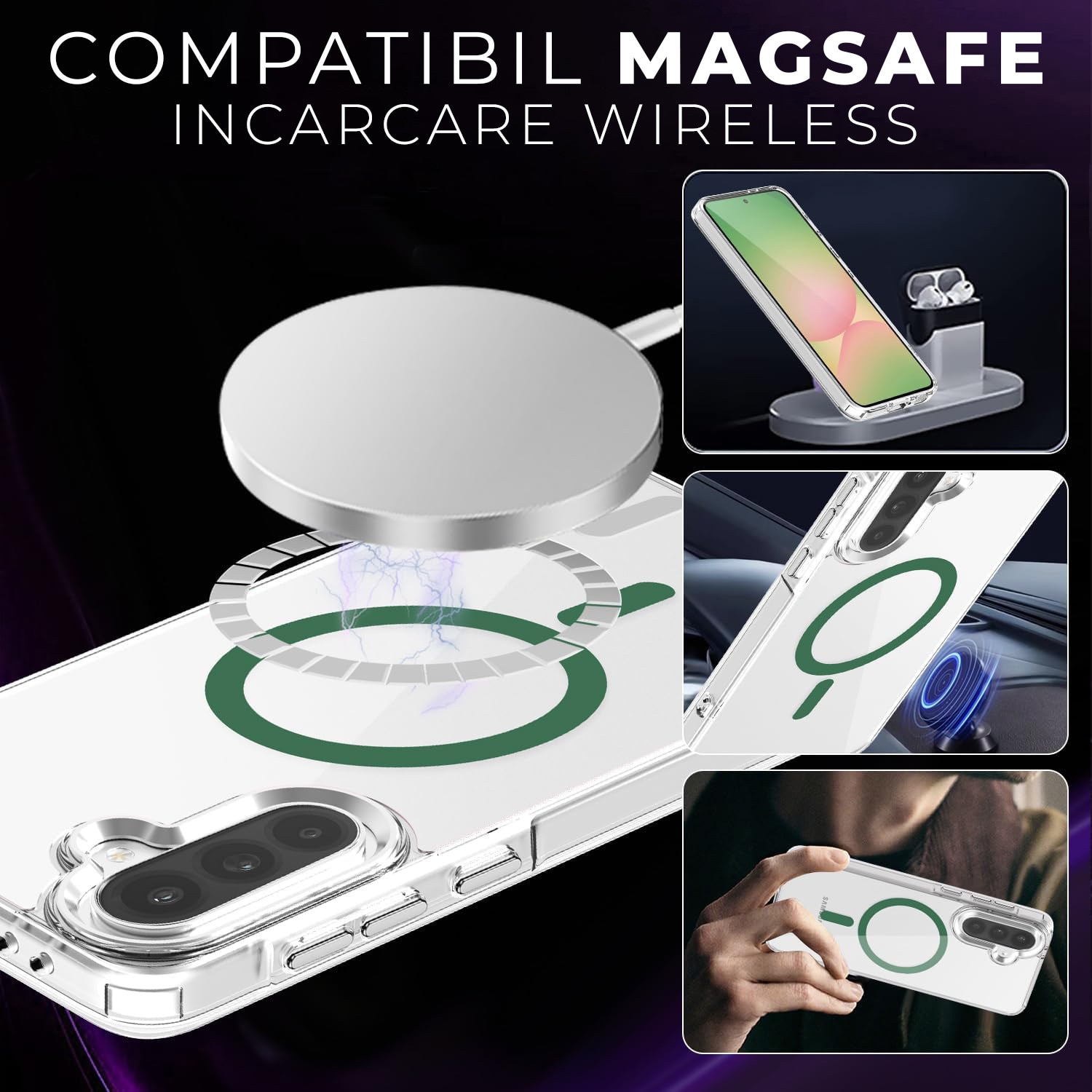 Husa pentru Samsung Galaxy A56 Daden® Drop Glue, Colorful Ring MagCover, Clear Case, MagSafe, Atasare Magnetica, Antisoc, Transparent cu magsafe verde