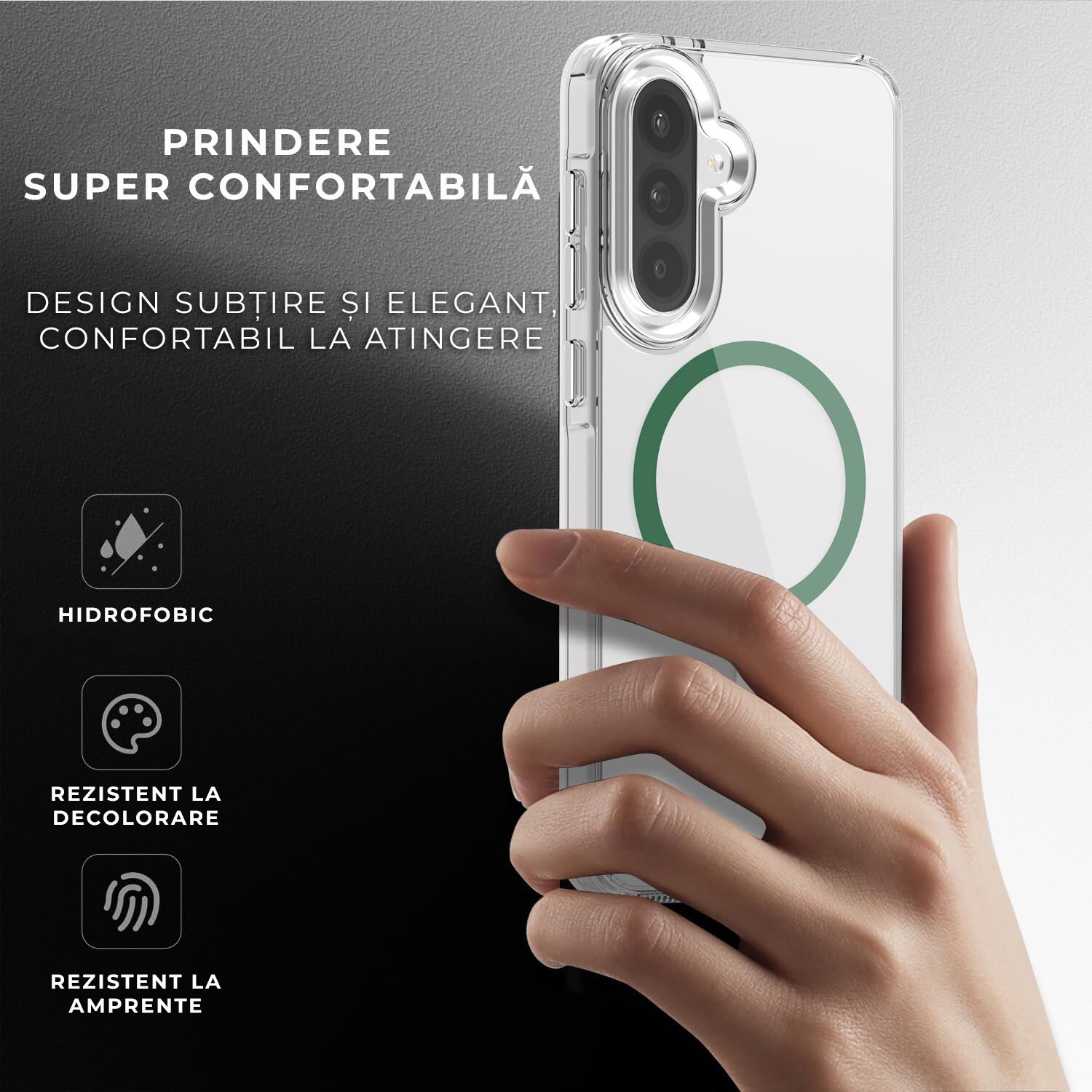 Husa pentru Samsung Galaxy A56 Daden® Drop Glue, Colorful Ring MagCover, Clear Case, MagSafe, Atasare Magnetica, Antisoc, Transparent cu magsafe verde