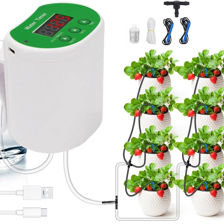 Sistem de udare automata AKKEE®, Sistem automat de irigare, dozator pentru sistem de udare a plantelor cu temporizator, incarcare USB, ecran LED, set masina de irigat, dispozitiv inteligent pentru ghivece si flori, alb-verde, 2.1x3.1x2.9 in