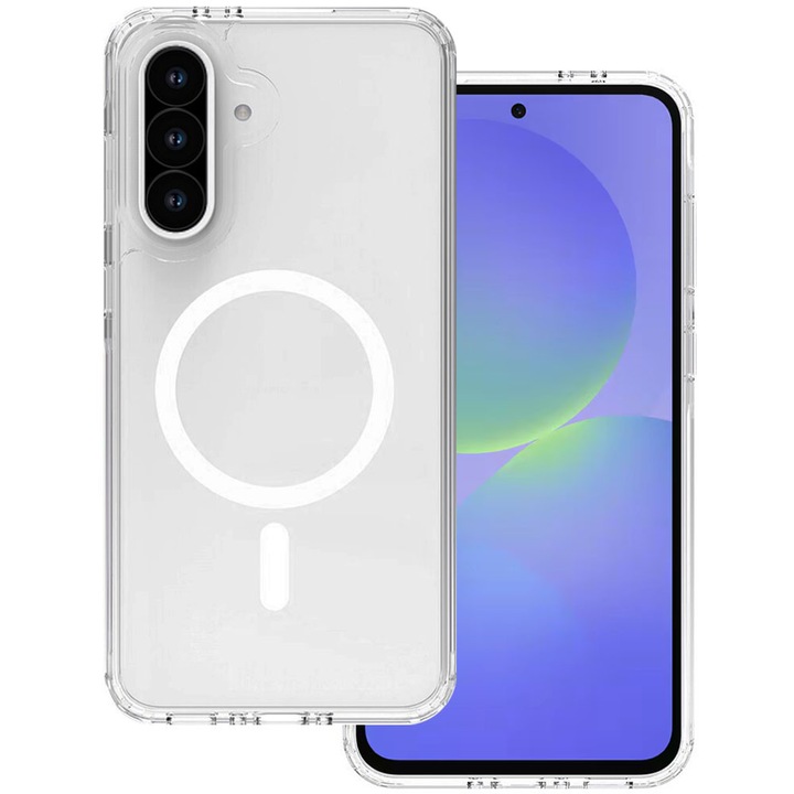 Husa pentru Samsung Galaxy A56 5G, Spate din policarbonat, Clear Magnet Pro, Wireless charging, Colturi aerate cu protectie antisoc, Margine de silicon, Magnetica, Perfect Fit, Transparenta