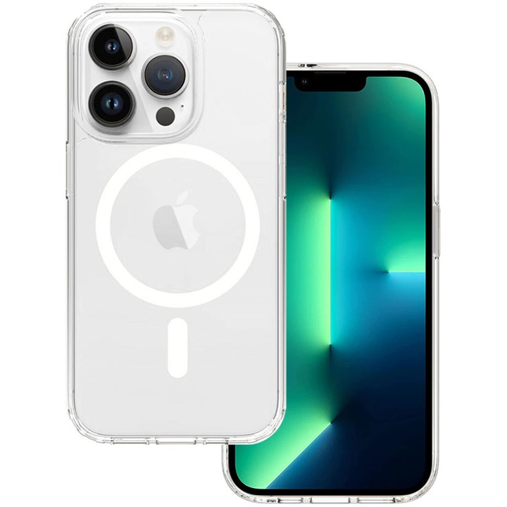 Husa pentru Apple iPhone 13 Pro Max, Spate din policarbonat, Clear Magnet Pro, Wireless charging, Colturi aerate cu protectie antisoc, Margine de silicon, Magnetica, Perfect Fit, Transparenta