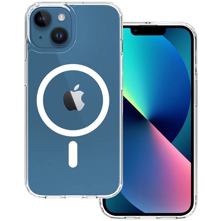 Husa pentru Apple iPhone 13, Spate din policarbonat, Clear Magnet Pro, Wireless charging, Colturi aerate cu protectie antisoc, Margine de silicon, Magnetica, Perfect Fit, Transparenta