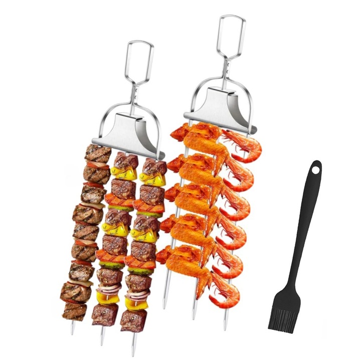 Set de 2 furculite semiautomate pentru gratar, Fiecare furca de gratar are 3 varfuri, cu o perie de ulei, otel inoxidabil, Reutilizabile, Pentru gatit in parcuri si locuri campare, 35.5x9cm