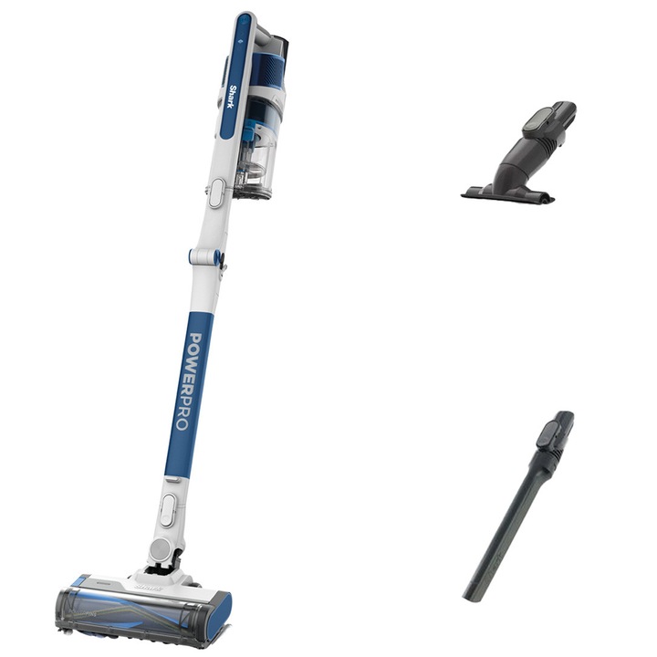 Aspirator vertical fara fir 2in1 Shark IZ380EU PowerPro Flexology, 181W, 21.6V, 0.7L, autonomie 50 min, tehnologie FloorDetect, filtru Anti-Allergen, perie multi-suprafete, PowerFins LED, Anti-Hair Wrap, design albastru-alb