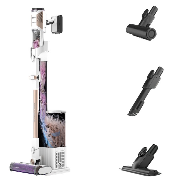 Безжична вертикална прахосмукачка 2in1 Shark IW3612EUT DetectClean & Empty Flexwand, 240W, 18V, 0.42L, 60 мин, 3в1 станция за изпразване, Dirt/Floor/Edge Detect, антиалергенна, QuadClean LED, Pet Pro, 2в1 четка, Anti-Hair Wrap, 25% по-лека, бял-златист