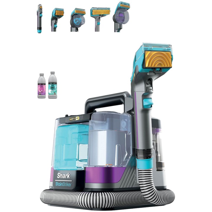 Прахосмукачка за почистване Shark StainStriker HairPro Pet PX250EUT, 1.2л/0.72, 450W, комплект специални аксесоари за домашни любимци, премахва 3 пъти повече косми, включени разтвори, функция за самопочистване, работен обхват 5м, розова