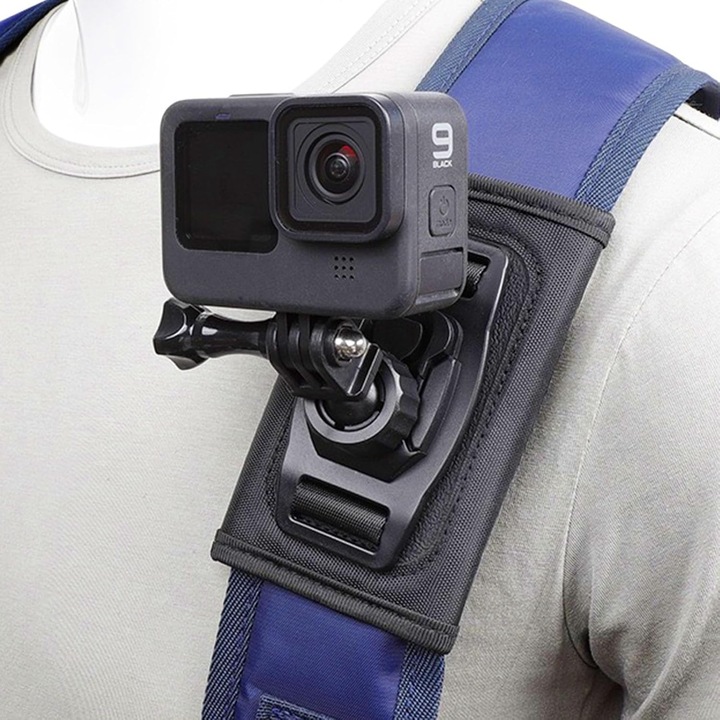 Стойка за камера, монтирана на раница, черна, с 1/4 адаптер, съвместима с екшън камери, дизайн за бързо освобождаване