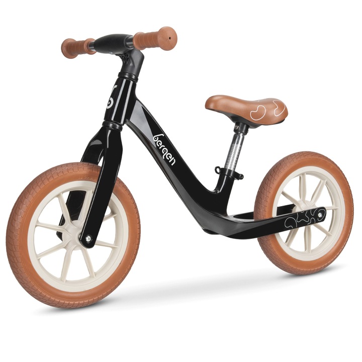 Детски велосипед Bergen SCOUT, черен с кафяви детайли, 12-инчови плътни колела, тегло 3 кг, за деца над 2 години